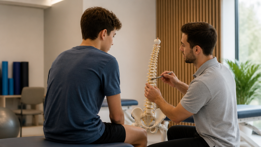 Adolescente em avaliação postural com fisioterapeuta em clínica, ilustrando aumento da curvatura torácica da coluna.